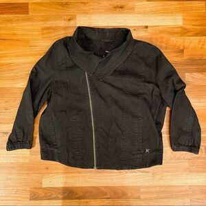 🍋 Hurley • Women’s Black Denim Baggy Bomber Jacket 3/4 Sleeves Size Large